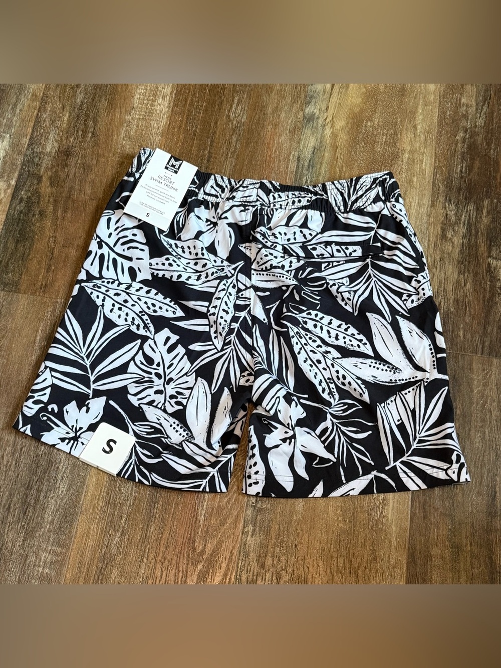 Men's Black & White Tropical Print Swim Shorts - S